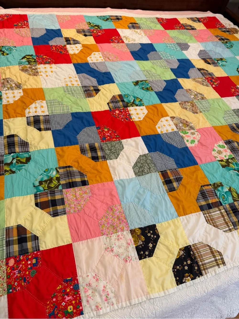 Vintage large hand stitched colorful bright quilt 83”x71” cottage core farmhouse